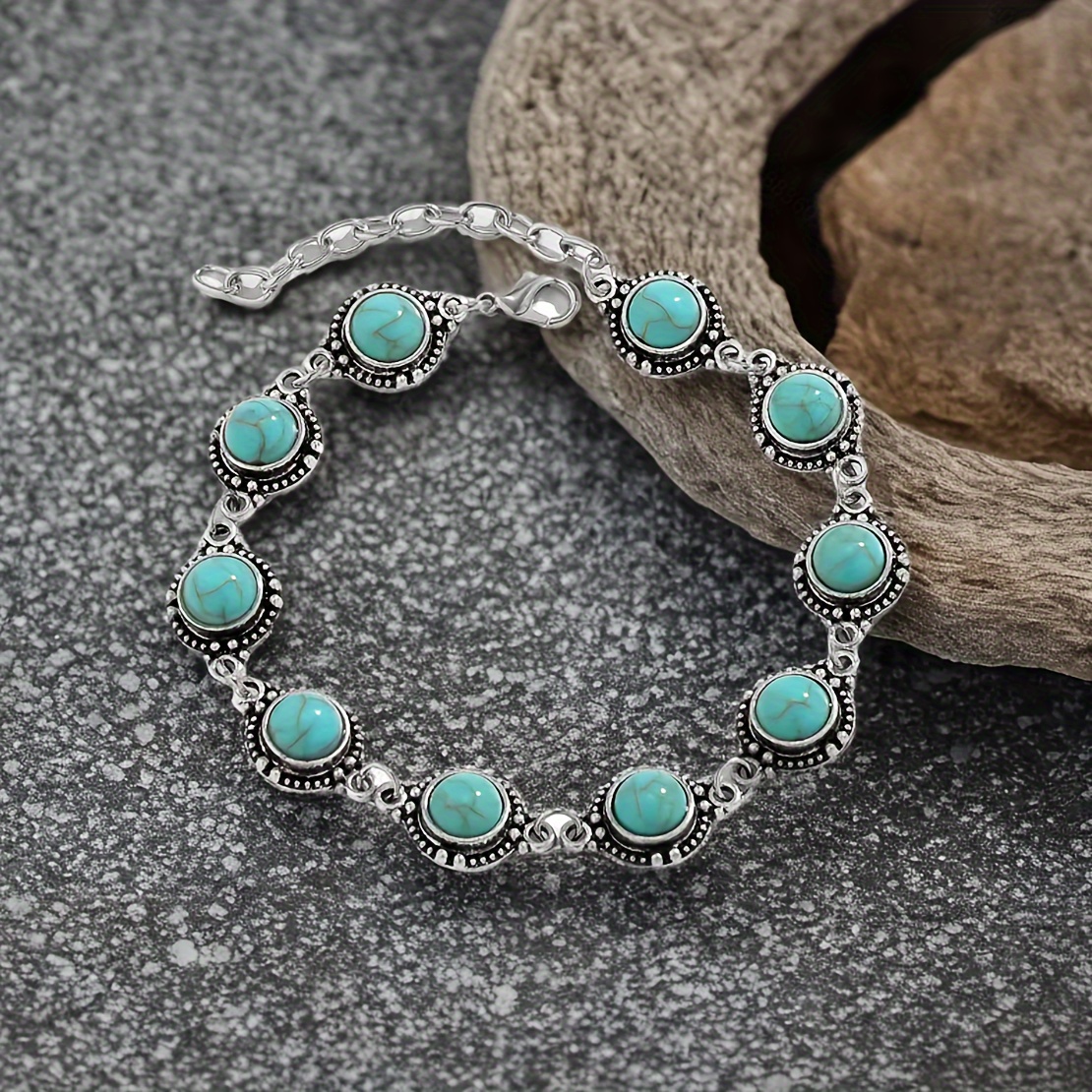 

Fashion Vintage Silvery Chain Charm Women Jewelry Party Wedding Gifts Ethnic Style Turquoise Anklet Bracelet 1 Pcs/set