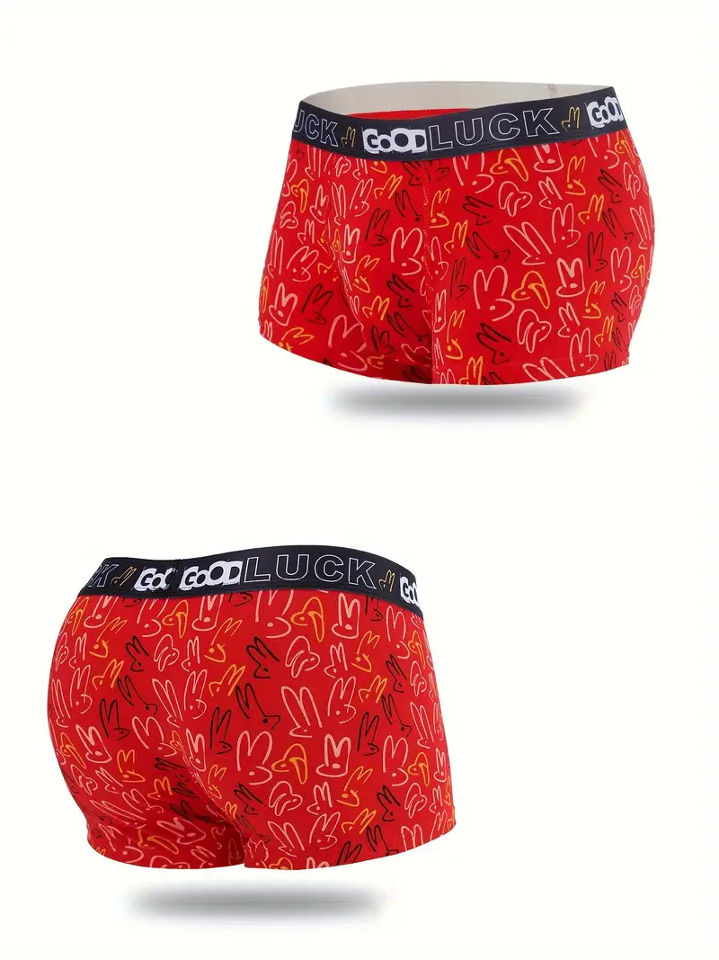 4pcs Men's Underwear Boxer Shorts Set New Year Blessing Print Shorts Set  Elastic Waistband Chinese New Year Men's Underwear Gifts