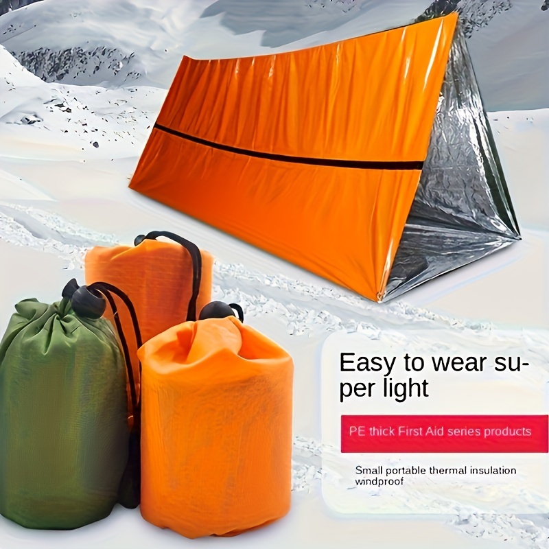 

1pc Emergency Blanket, Portable Outdoor Survival Sleeping Bag Tent, Orange & Olive Green, Pe Disposable, , , No Electricity Needed, Featherless