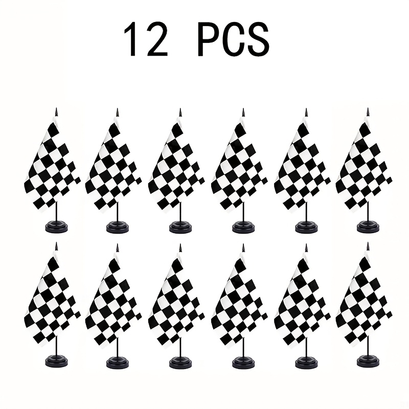 TEMU 12pcs Pack 12pcs Mini Checkered Desk Flags With Solid Poles & Black Stand Base - Racing Table Banners Suitable For Office, Parties, Centerpiece