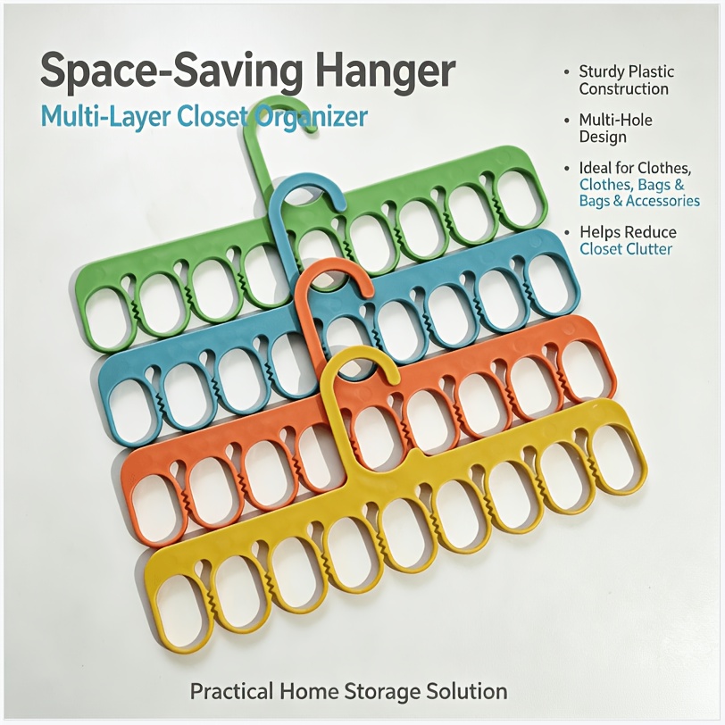 TEMU 4-pack 9-hole Plastic Clothes Hangers, Made Of Brand New Pp Material, Odorless, 4 Assorted Colors (green, Blue, Khaki, Yellow), Space-saving