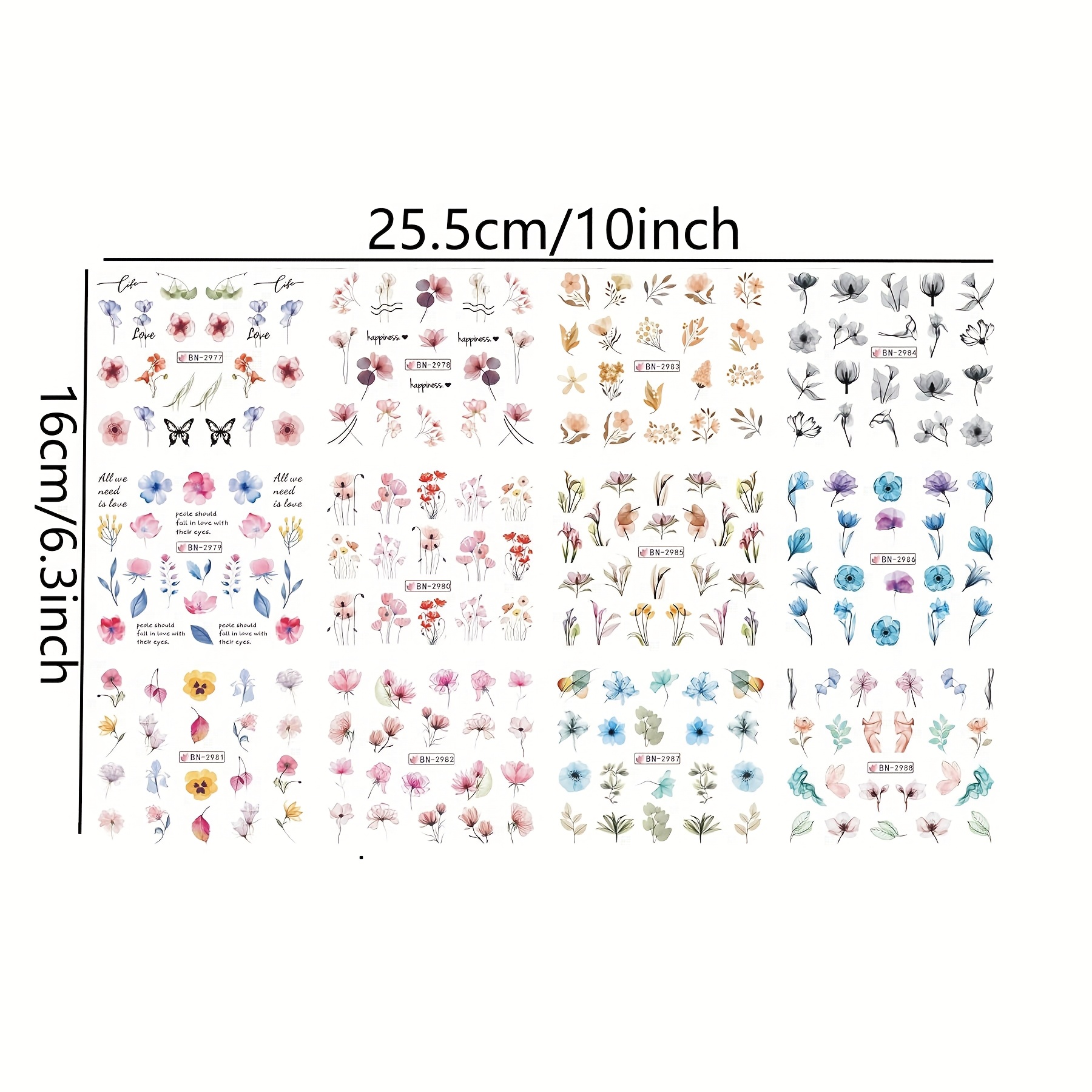 Image of 12 Designs Of Ink Flower Nail Art Stickers Featuring Leaf, Daisy, And Lavender Floral Patterns, Water Transfer Nail Decals For Spring And Summer Nail Designs