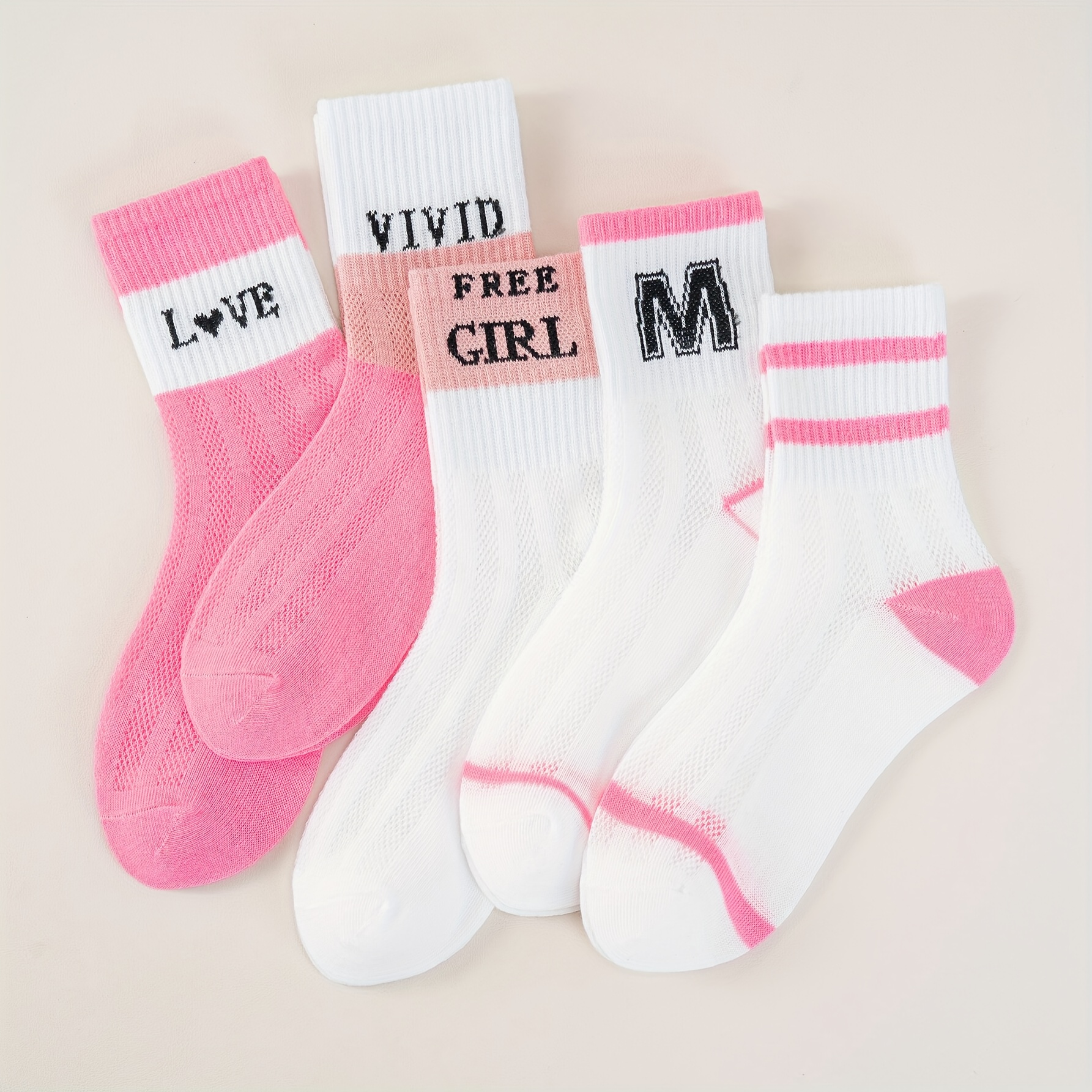 Image of 5 Pairs Of Girls' Mid-calf Socks, Breathable Mesh Trendy Sports Socks, Fall And Winter Clothes