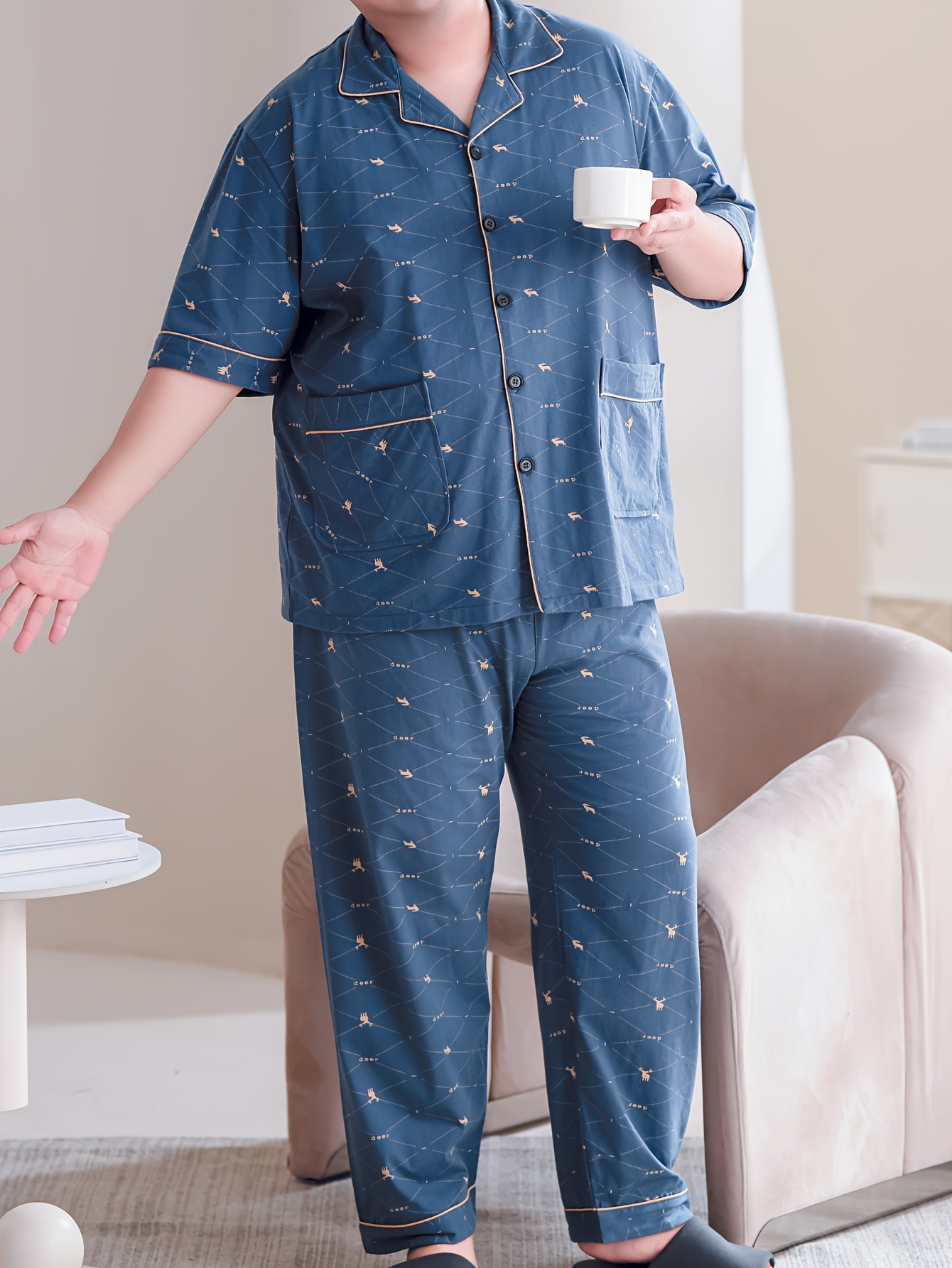 Plus Size Men's 100% Cotton Lapel Cardigan Short Sleeve Long Pants Loungewear, Soft Comfortable Breathable Home Wear, Fits Up to 154.22 KG, PLUS SIZE
