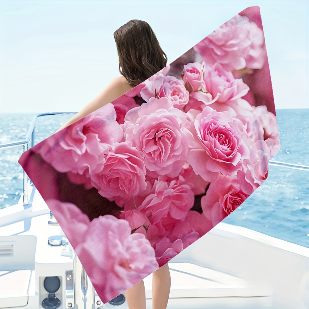 Oversized Pink Rose Print Beach Towel Soft Durable Polyester_voghion.com