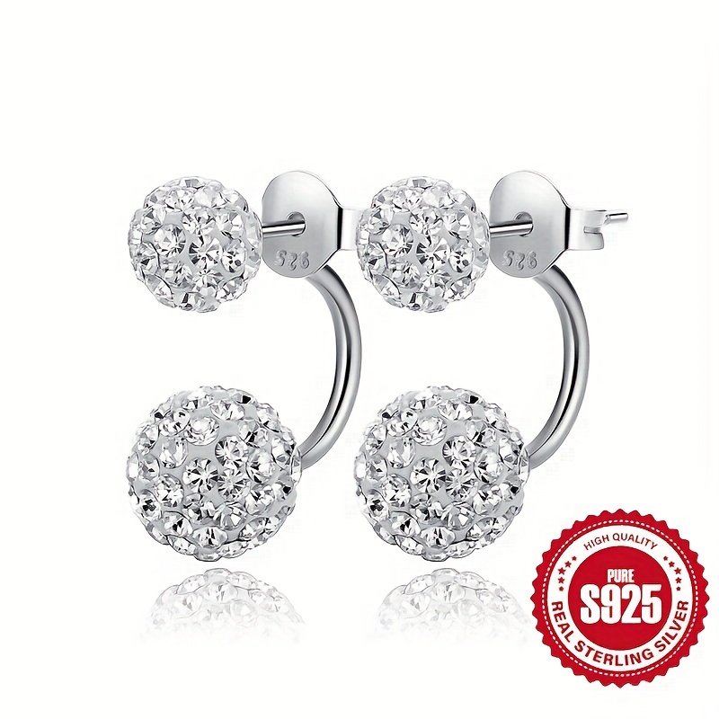 

S925 Sterling Silver Women's Sparkling Double Rhinestone Ball Ear Jacket Classic Daily Wear Perfect Earrings Jewelry Accessories 2.3g/0.08oz