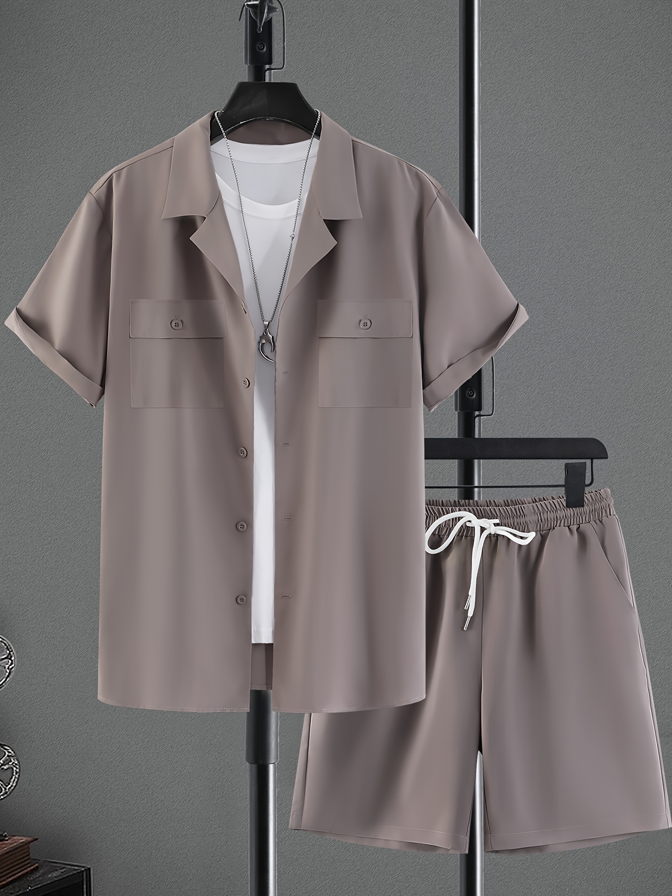 Men's Summer 2-Piece Set – Short Sleeve Button Down Shirt & Drawstring Shorts Outfit (Burgundy)