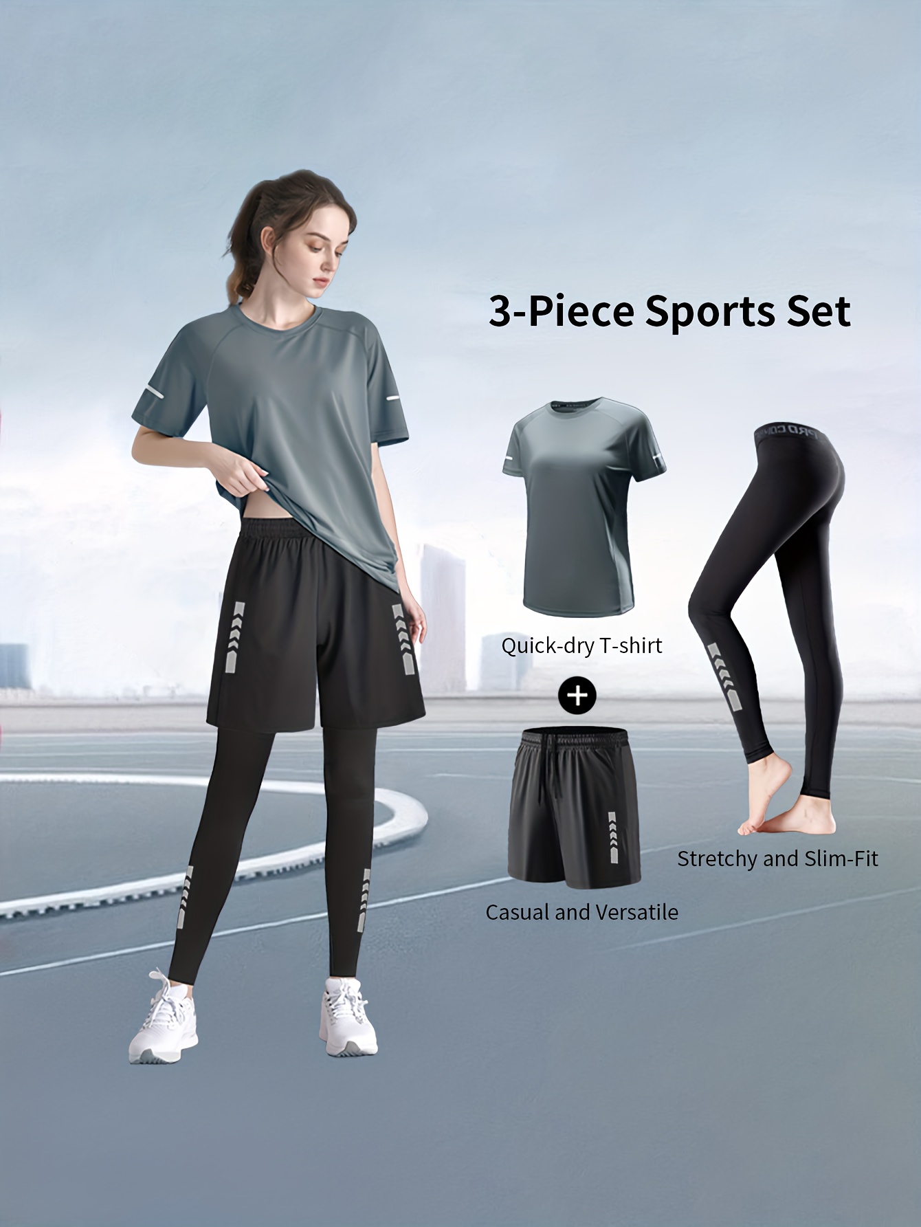 Women'S 3pcs Gym Workout Activewear Set Quick-Dry Short-Sleeve T-Shirt Loose-Fit Sports Shorts with Drawstring Waist And