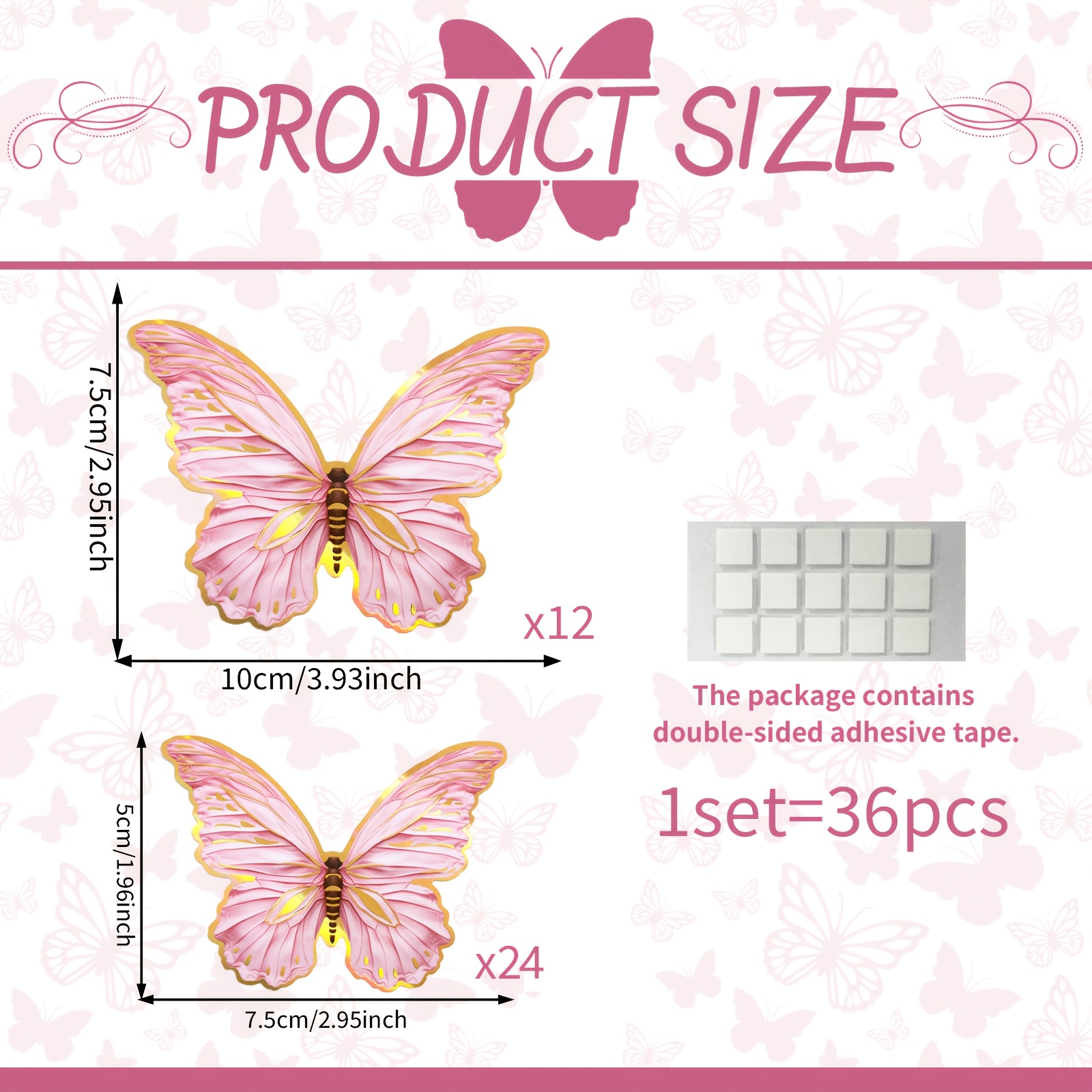 TEMU Set mit 12, 3D-Wandaufkleber rosa Schmetterling mit goldenem Rand, abziehbar, keine Oberflächenbeschädigung, Dekor für Schminktisch, Spiegel,