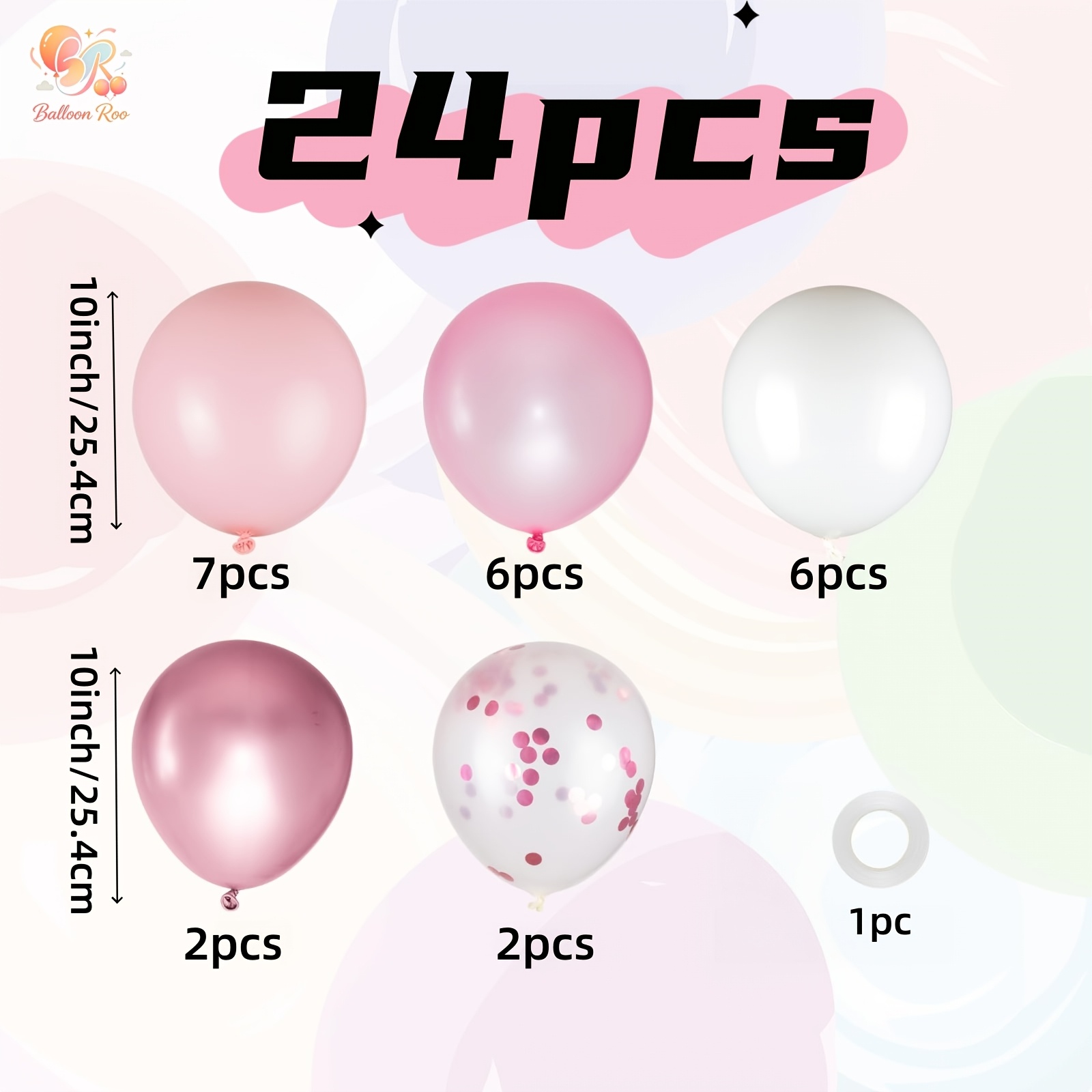 TEMU 24pcs Metal Powder, Pearl Powder, White Balloon Set, Pink Confetti Balloons, Suitable For Weddings, Bridal Showers, Princess Birthdays, Girls'