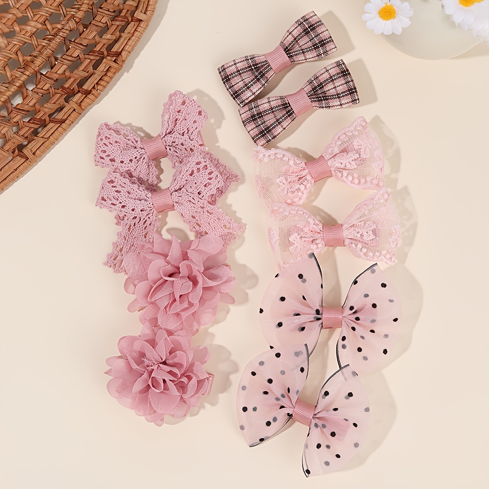 TEMU Lot de 10 pinces à cheveux nœuds papillon roses mélangées, barrettes à cheveux exquises en dentelle, , à pois et à carreaux, accessoires