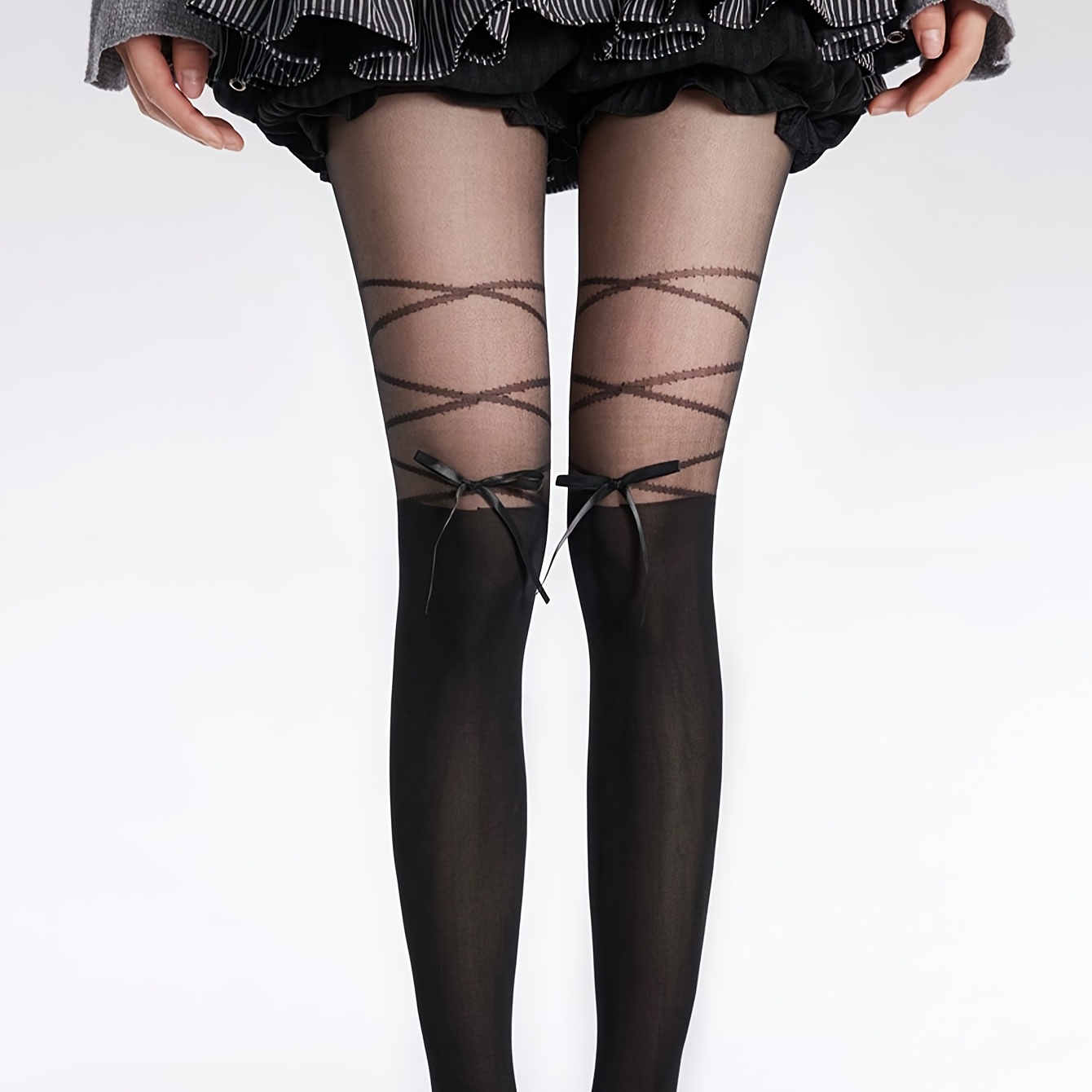 1 stuk Dames Sexy Strik-Verfraaide Lichtgewicht Panty's - Zwart Geometrisch Patroon, Anti-Knopen Ontwerp, Comfortabel & Stijlvol voor Casual Kleding, Dagelijkse Panty's | Strikdetail Panty's | Constructie, Panty's voor Vrouwen