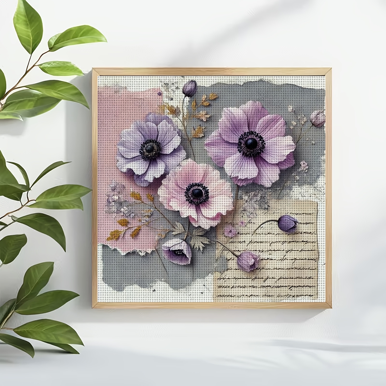 Cross-Stitch Printing Kit, Purple Flower Old Paper Decoration Pattern