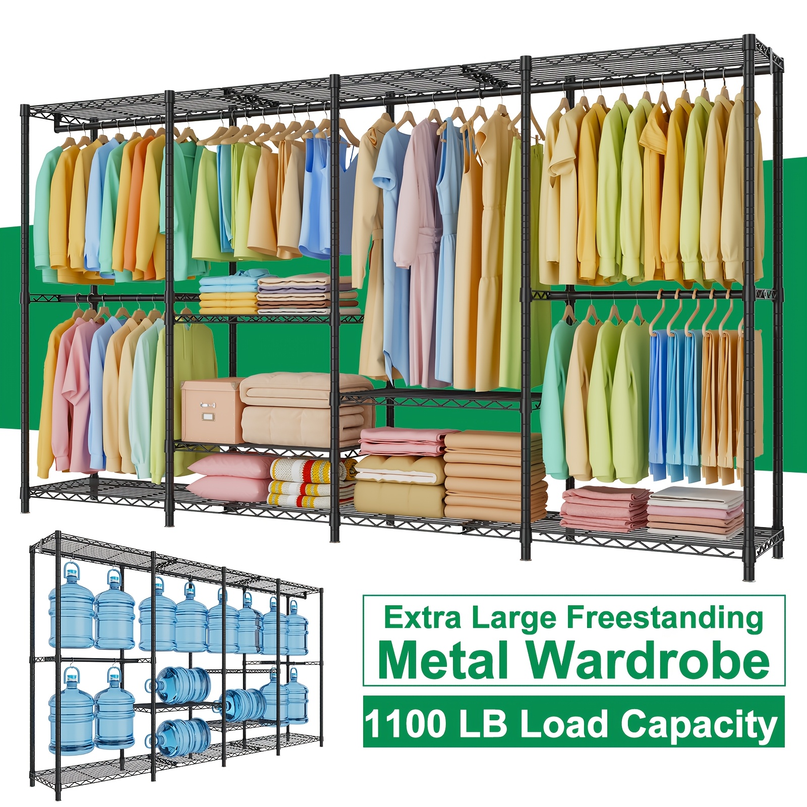 TEMU Heavy Duty Garment Rack With Shelves | Large 77x77x17 Inch Metal Clothing Rack, 1100lb Capacity Freestanding Wardrobe Closet Organizer, 4-side