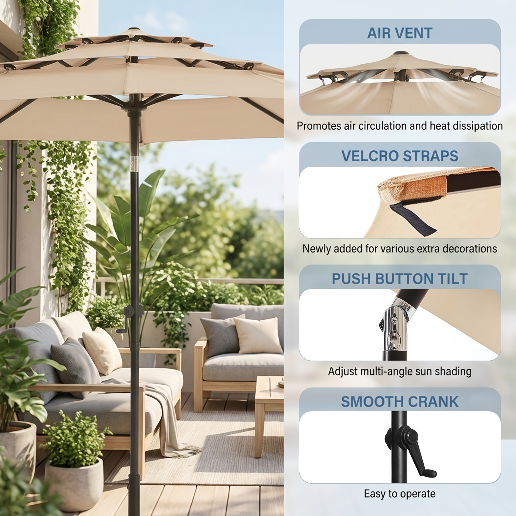 10Ft 3 Tiers Market Umbrella Patio Umbrella Outdoor Table Umbrella With Ventilation, Outdoor Umbrella For Patio, Pool Umbrella, Polyester Canopy, Suitable For Patio, Pool, Garden, Backyard, Deck, Base Not Include, Father'S Day Gift