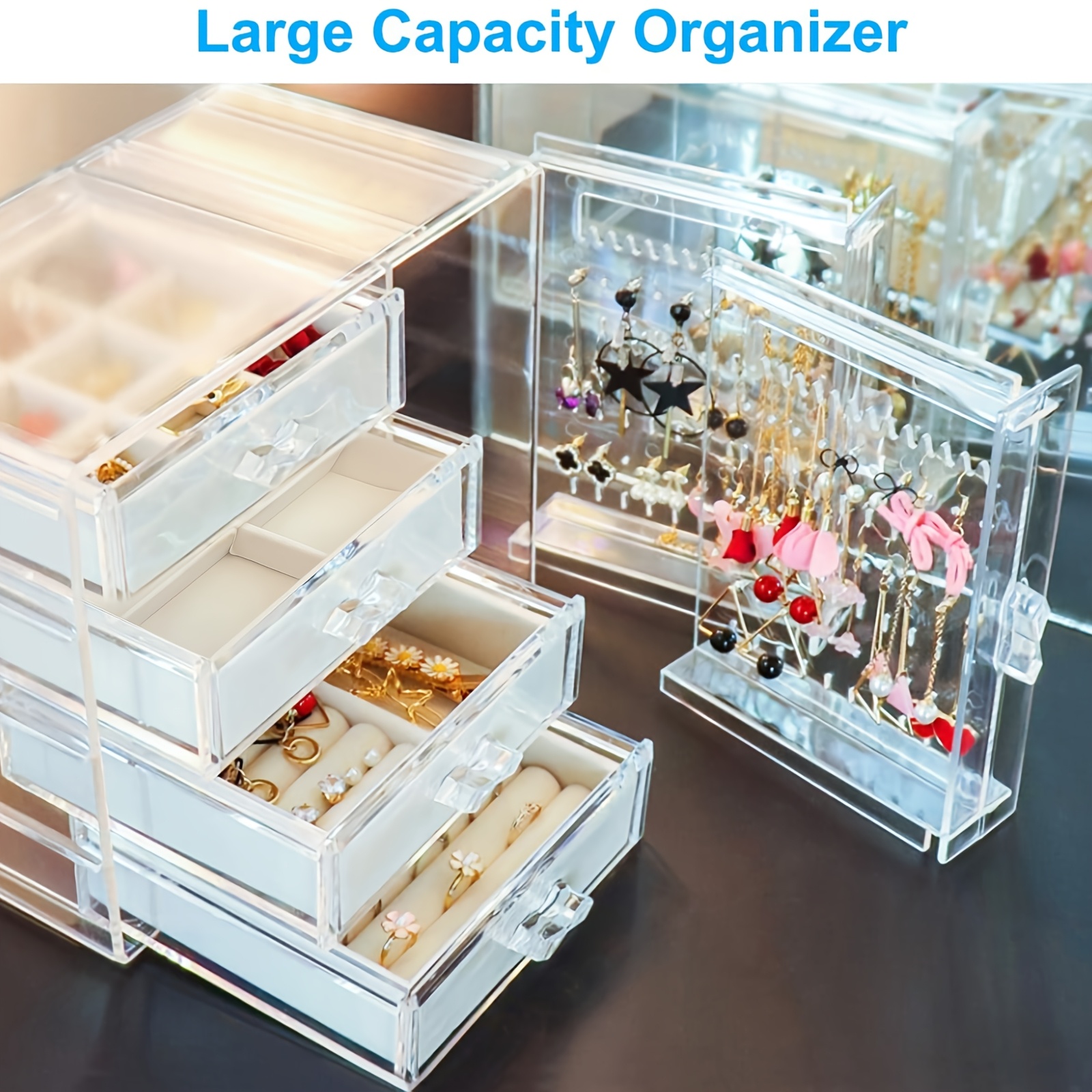   and kitchen supplies storage jewelry box storage acrylic jewelry storage cabinet transparent earring holder jewelry hanging box with 4 velvet drawers earring ring necklace bracelet display box womens gift transparent jewelry storage box home and vanity space saving jewelry organizer   Product details 2