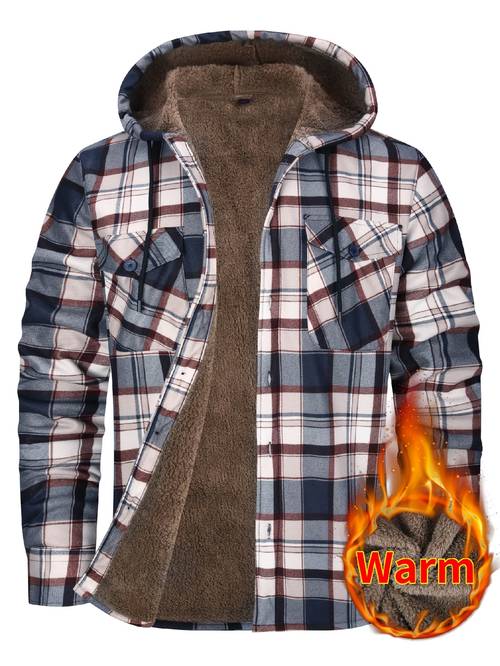 imagen del artículo chaqueta camisa de cuadros para hombre, estilo ropa de casual, con capucha de felpa larga engrosada, forro de para otoño/invierno, capucha con cordón, largas y bolsillos en el pecho. adecuada para senderismo , , desplazamientos, temporada de