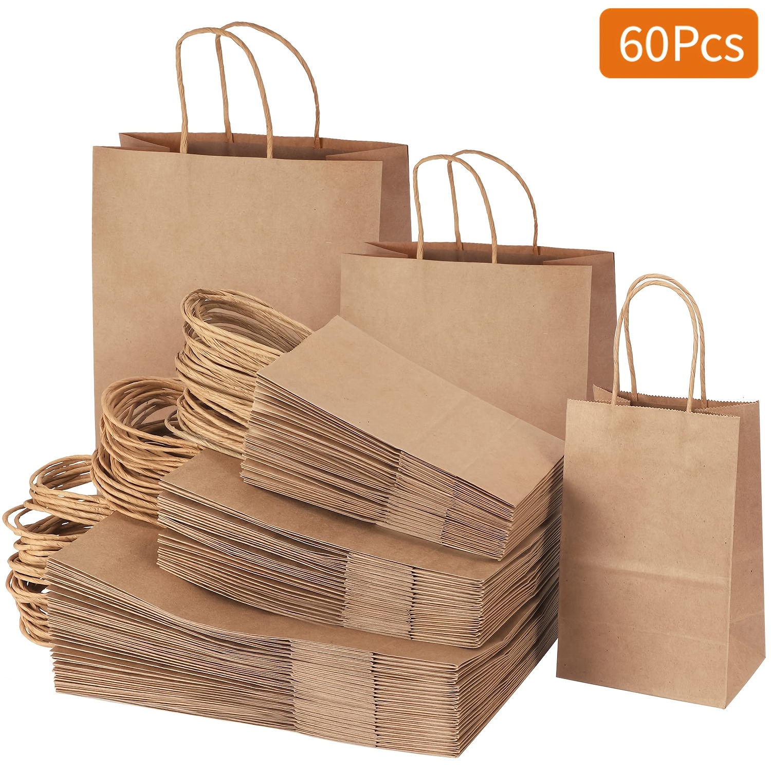 

60pcs Assorted Sizes Brown Paper Bags With Handles - Christmas Gifts, Shopping & Retail, Best For Christmas