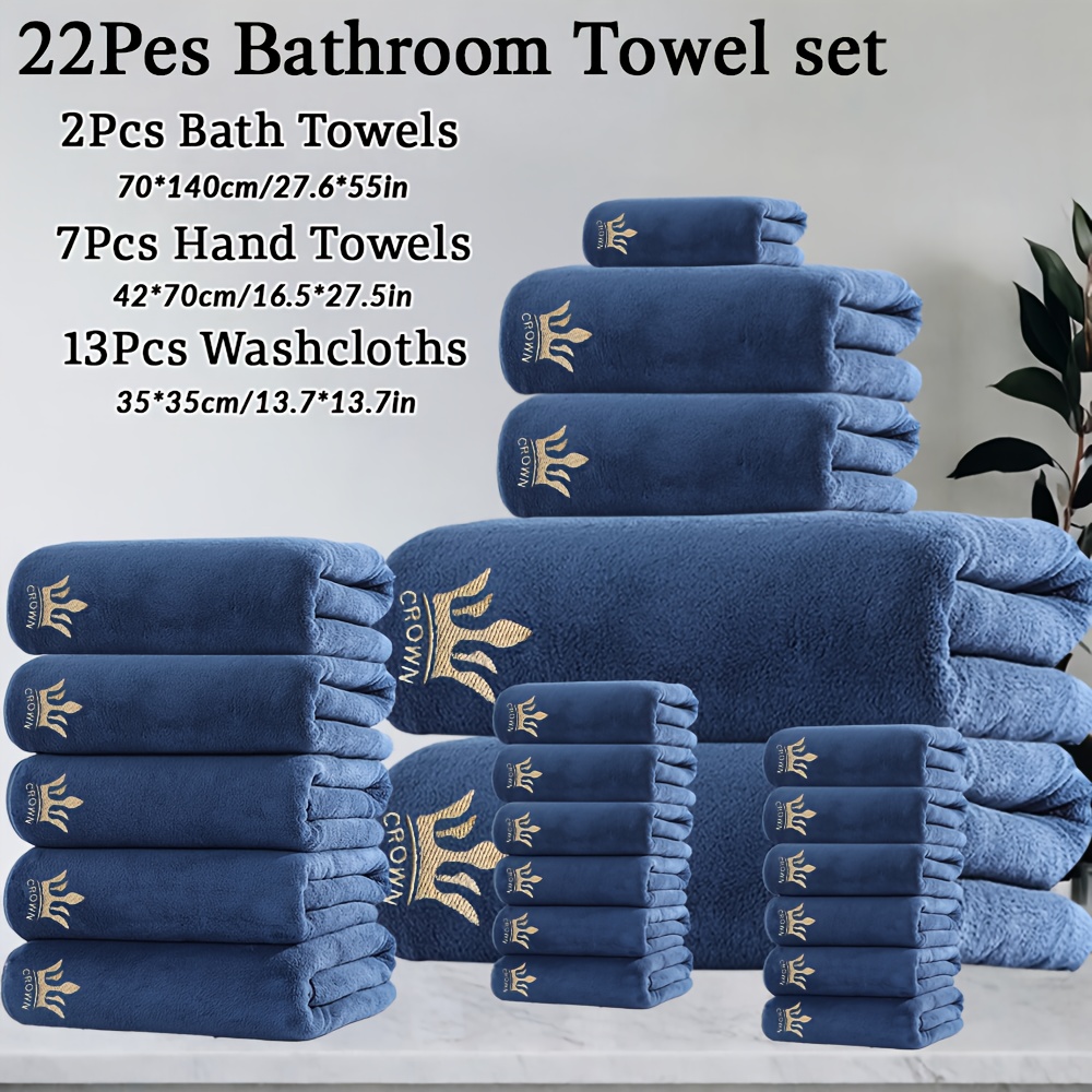 22pcs Plain Crown Embroidery Ultra-Soft Coral Set, 2 Bath Towels 70 x 140cm, 7 Hand Towels 42 x 70cm, and 13 Washcloths 35 x 35cm, Quick-Dry, Fast Absorbing & Lightweight for Home, Hotel& Spa, Outdoor Fitness Camping Christmas Gift