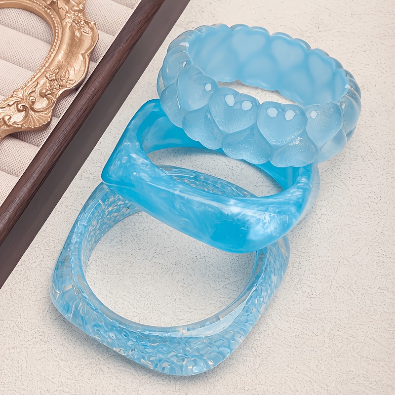 3pcs Blue Ocean Series Stackable Resin Bracelets, Beach Style