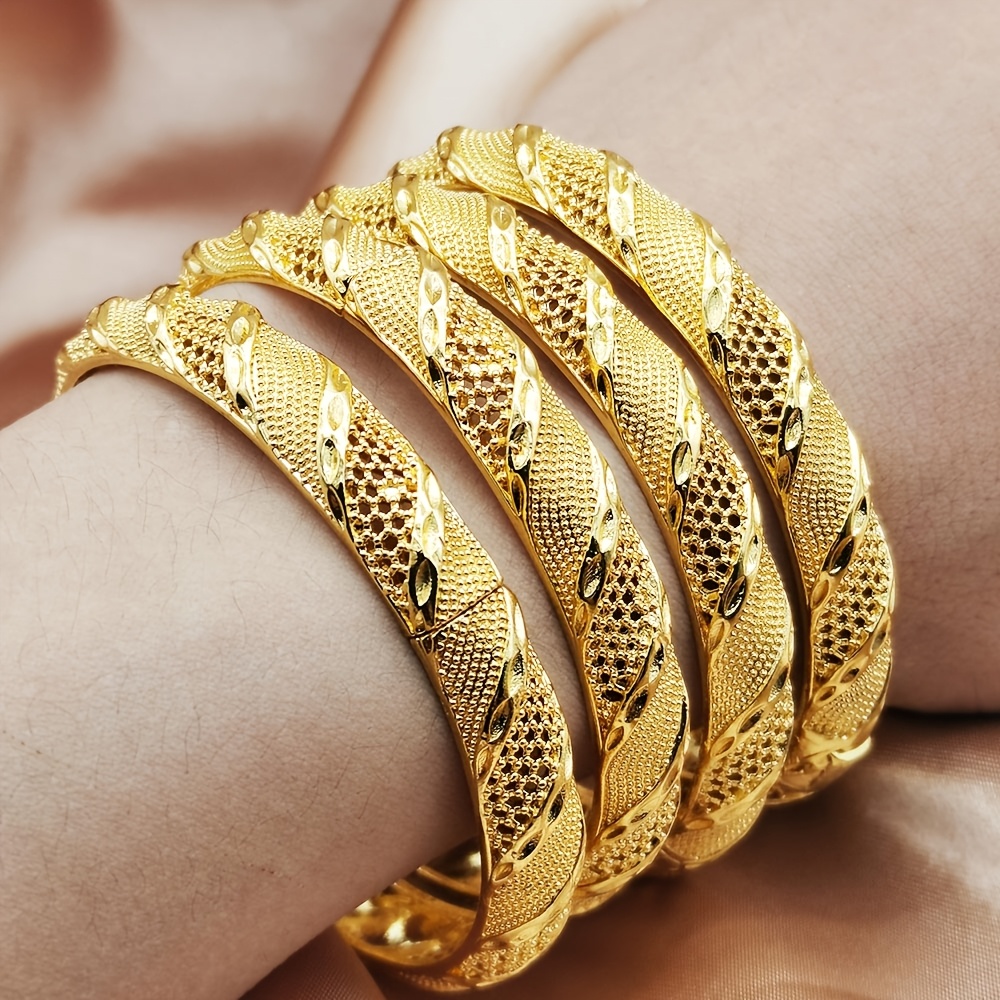 TEMU 4pcs Of Golden Twisted-patterned Retro Bohemian-style Bracelets For, Featuring Exquisite Openwork Designs. Daily Wear Or Wedding Parties,