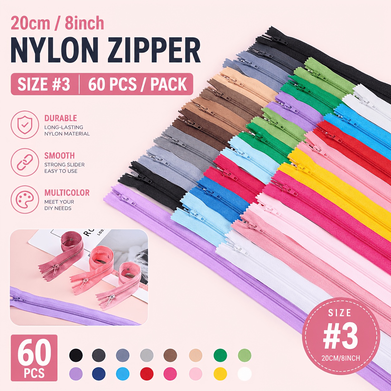 TEMU 60pcs 20cm/7.8 Inch Mixed Random Nylon Coil Zippers, Colorful Sewing Zippers For Tailoring, Sewing Crafts, Luggage, Clothing, And Handicrafts