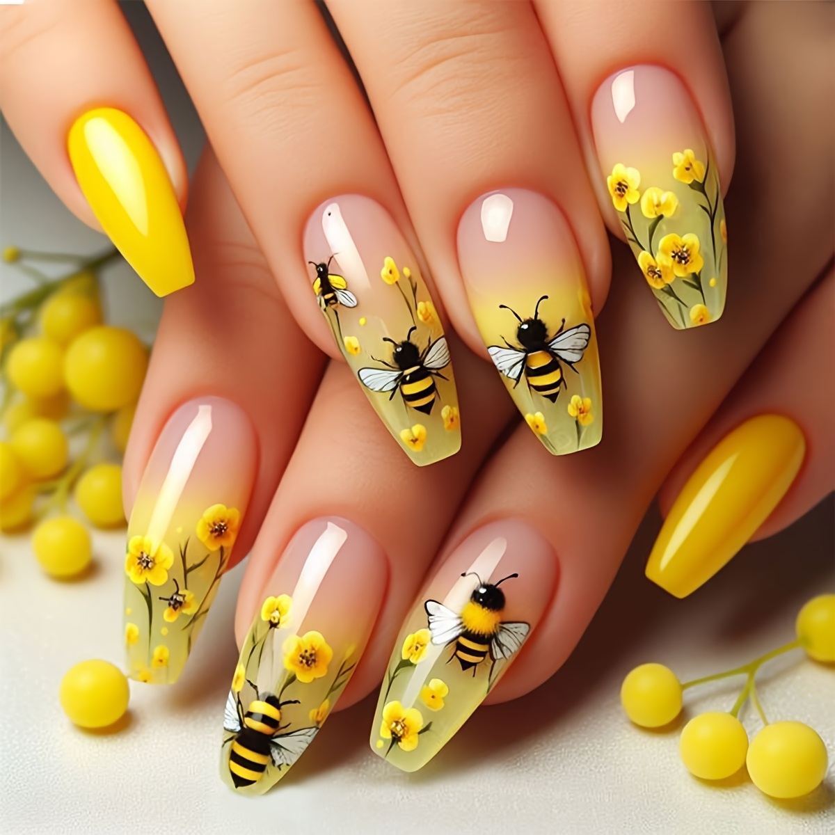 

Bee And -on Nails, Long , , Yellow Animal & , Wearable Fake Nail Set