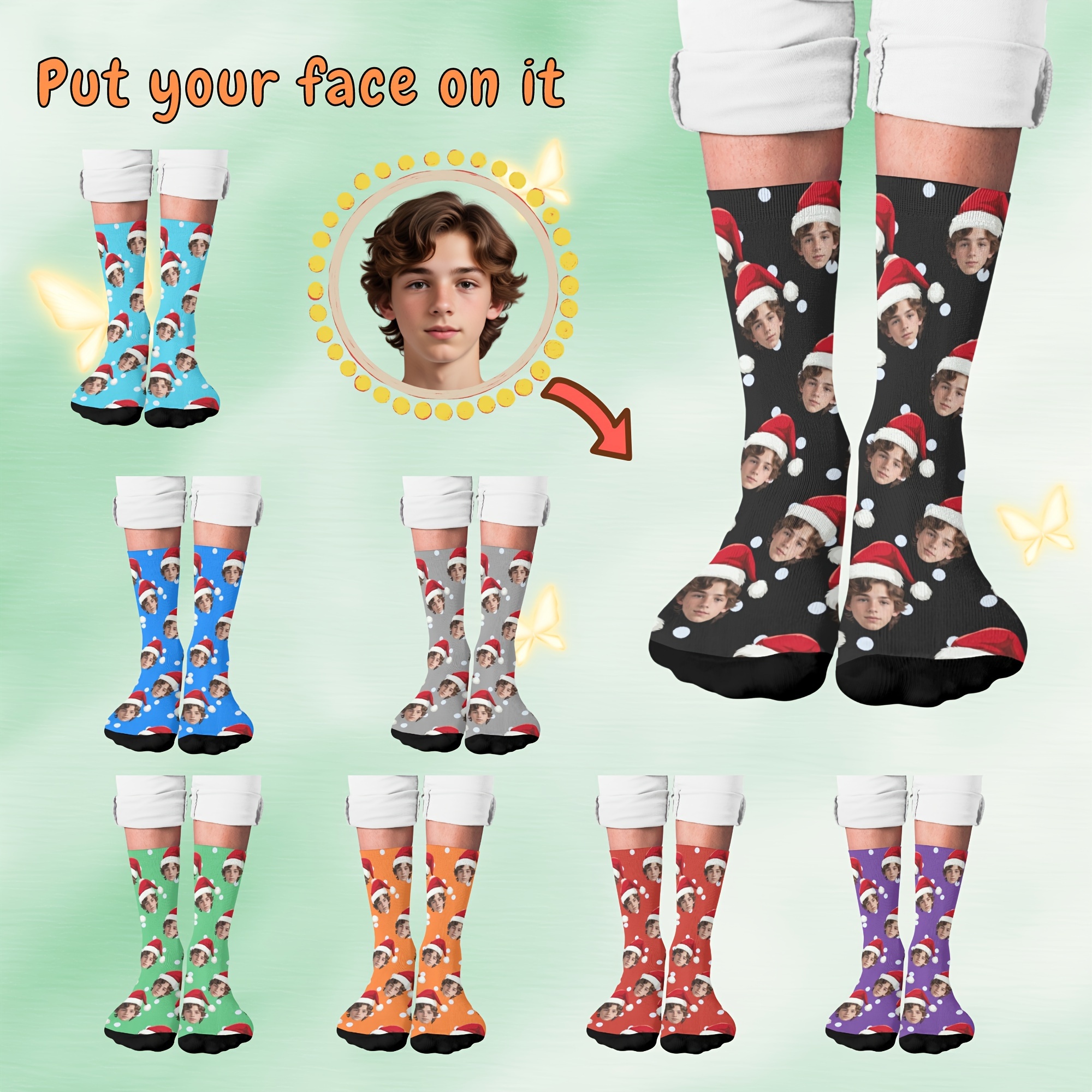 

Custom Face Socks, Personalized Funny Boys Girls Gift Crew Socks With Photo Customized, Cute Santa Hat Print, Novelty Trendy Crew Party Present Socks For Teenager