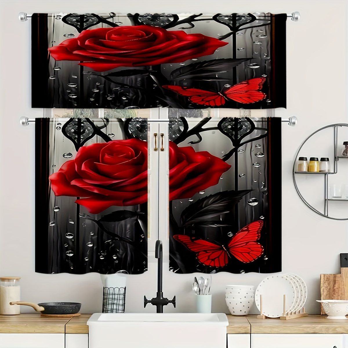 

Contemporary 3d Printed Kitchen Curtain Set With And - Multiple Components, Machine Washable, Suitable For Kitchen, Living Room, Office, Bedroom, And Home Decoration