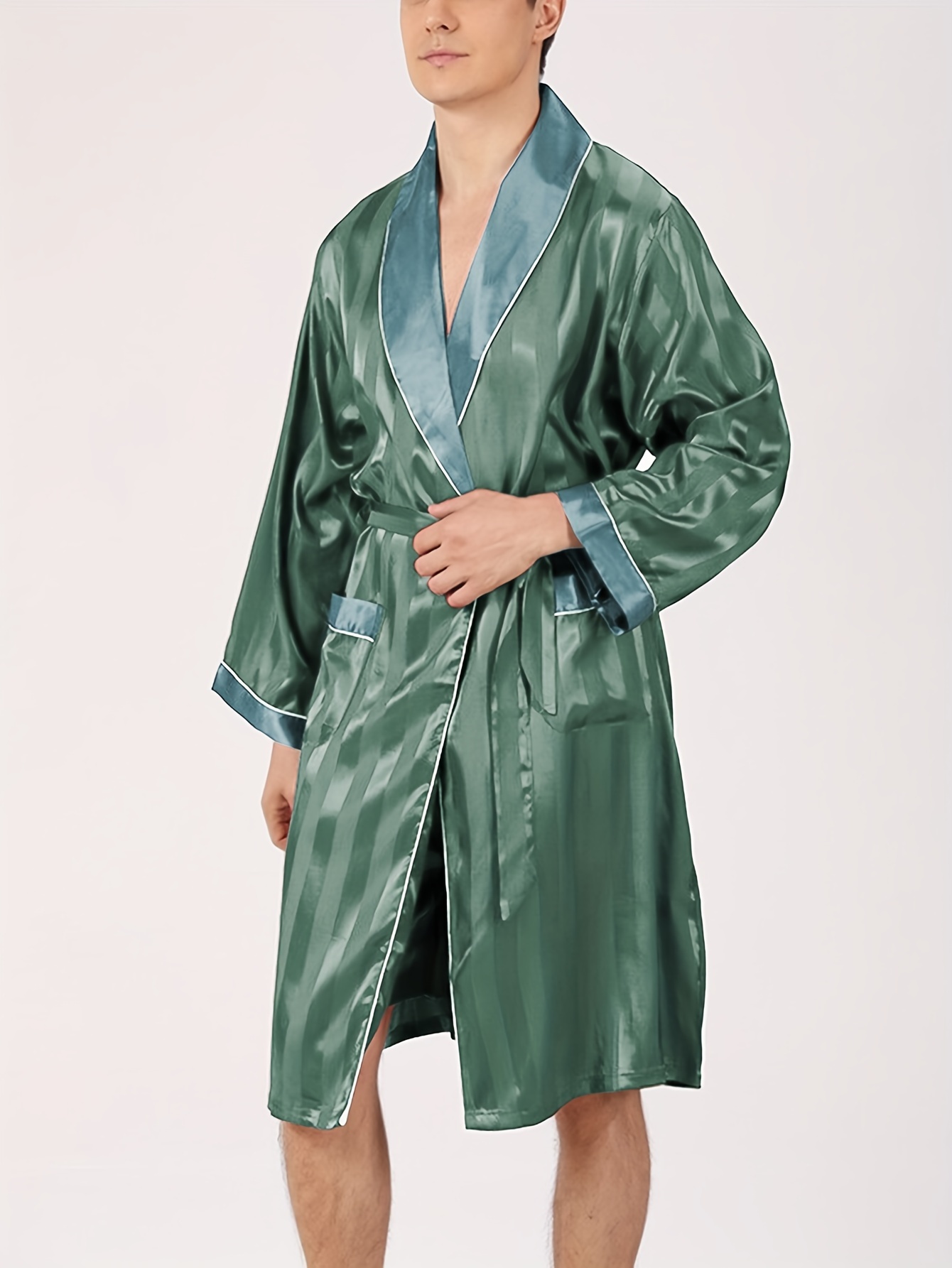 Men's Comfy Viscose Striped Robe Pockets Home Pajamas Wear - Temu