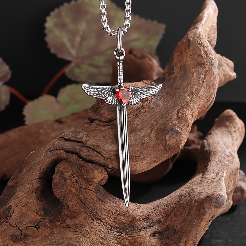 Vintage Red Cubic Zirconia Love Wings Sword Pendant Necklace