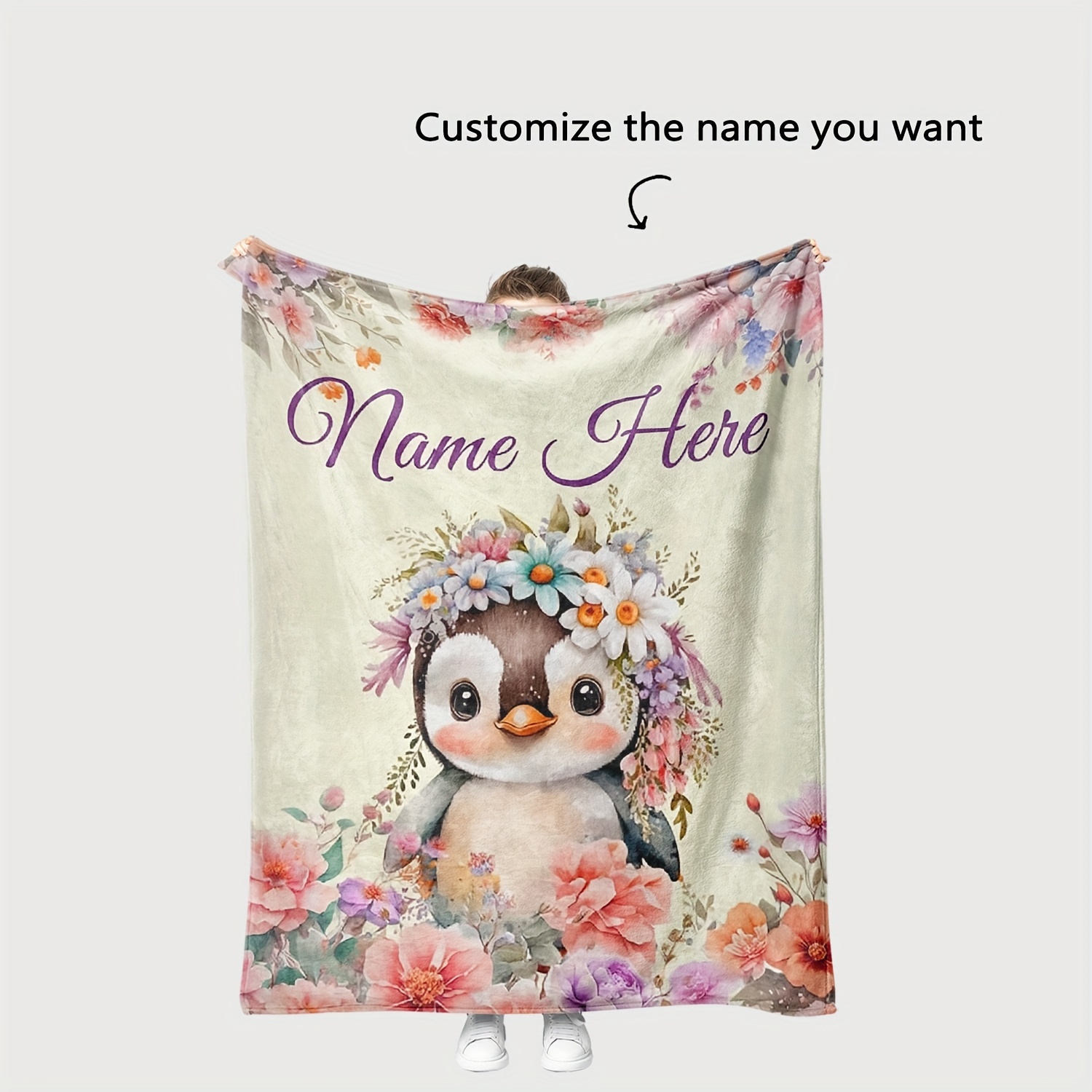 

1pc Name Custom Digital Printed Blanket Personalized Blanket, Custom Name Blanket, Penguin Blanket, Flower Custom Blanket, The Best Gift For New Mothers