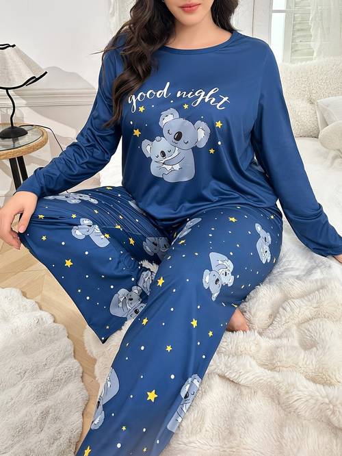 plus size autumn winter womens pajamas with cute cartoon koala print long sleeve set