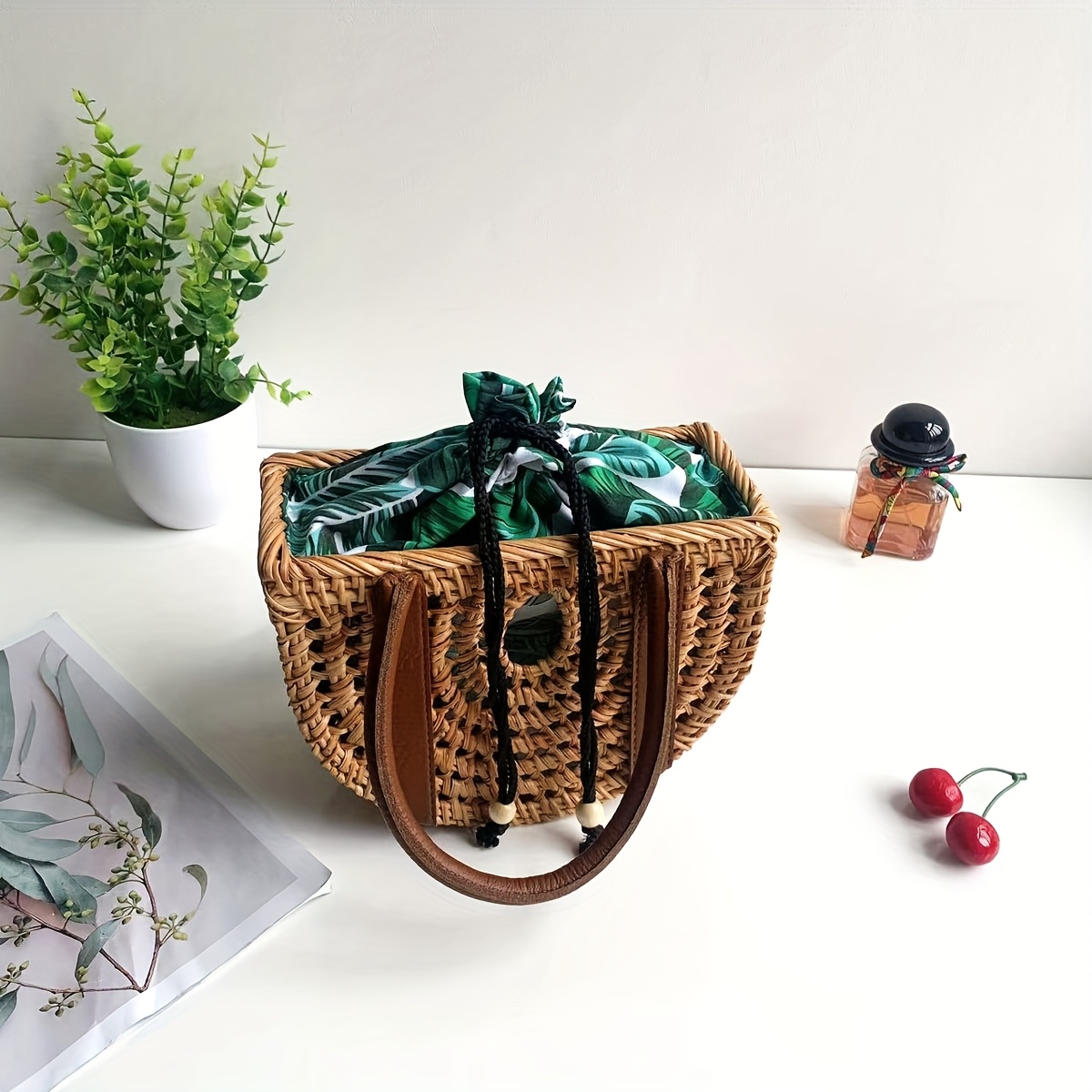 Handmade Rattan Woven Hollow Drawstring Tote Bag - Bohemian Floral Print Mixed Colors with Green Lining, Durable Synthetic Material & Sturdy Handles for Women's Fashion, Beach, Shopping, Picnic, Shopping Handbag, Ethnic Style Basket, Polyester Lining