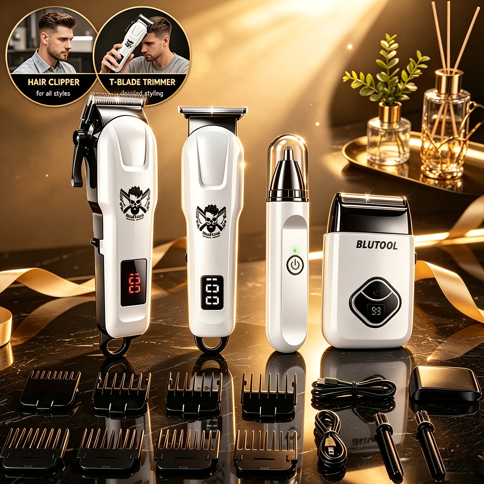 TEMU Professional Cordless Hair Clippers & Trimmer 2/4in 1 Kit For Men, Rechargeable Barber Hair Cutting Set With Led Digital Display, 8 Guide Combs,