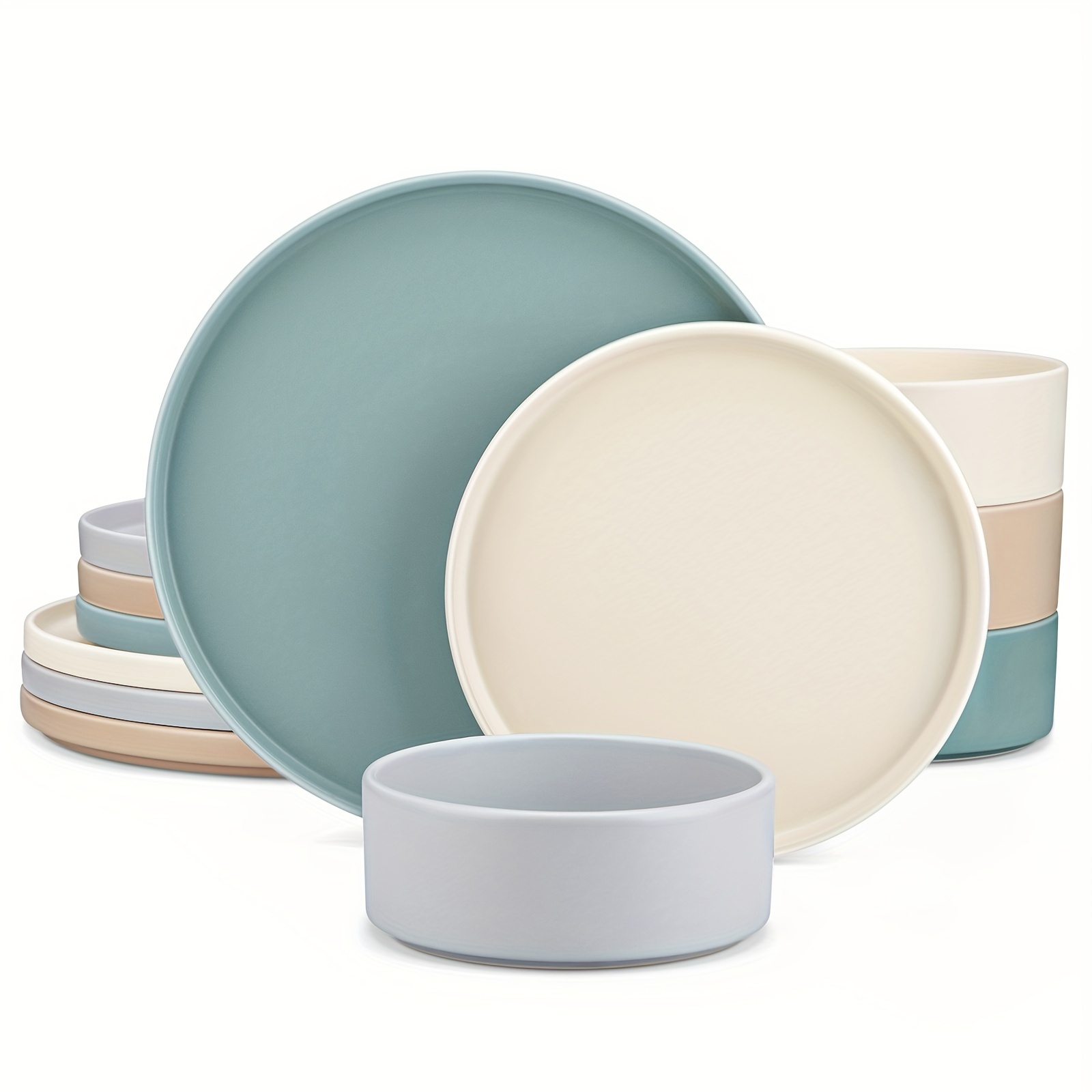 12 Piece Dinnerware Set Mix Colour Stoneware Matt Plate Bowl Dining Set Service For 4