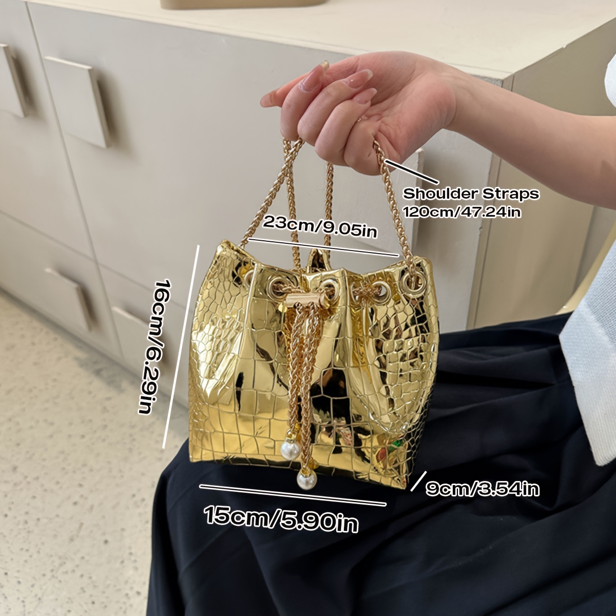 crocodile pattern bucket bag stylish high end designer womens crossbody handbag with drawstring closure elegant solid color shoulder bag for multiple occasions details 3