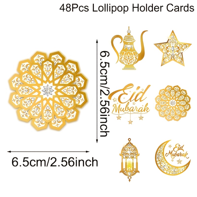 Image of 48pcs Lollipop Holder Cards, White Moon Lantern Design Ramadan Lollipop Decoration Holder Paper Cards, Ramadan Decoration, Party Favor Decorations, Ramadan Party Supplies, Eid Al-fitr Gifts