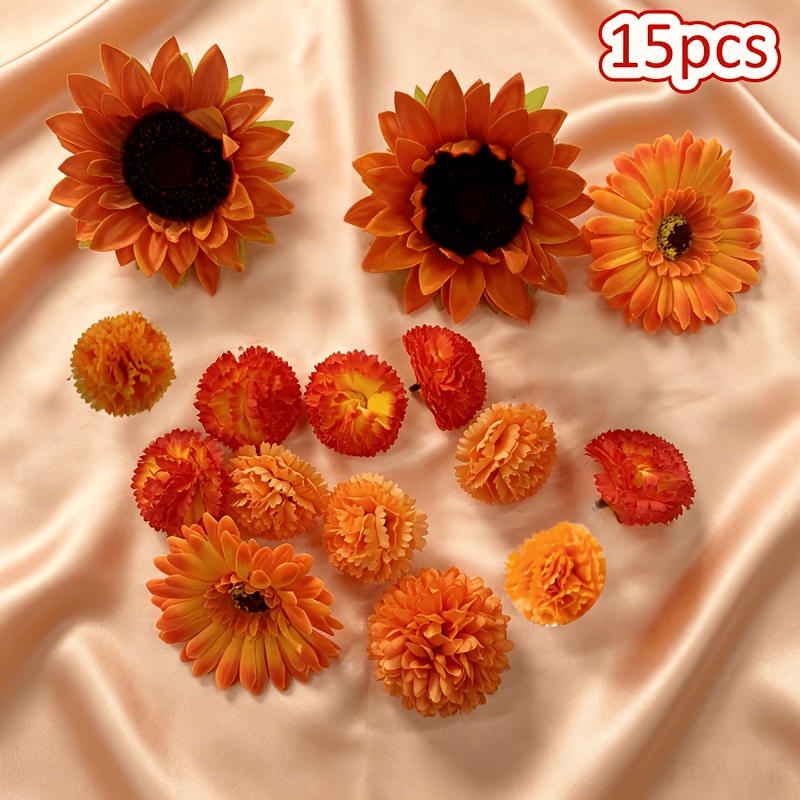 TEMU 15pcs Autumn Simulation Mixed Flower Heads (including Sunflower//chrysanthemum/marigold) Suitable For Autumn Thanksgiving/halloween/ Holiday
