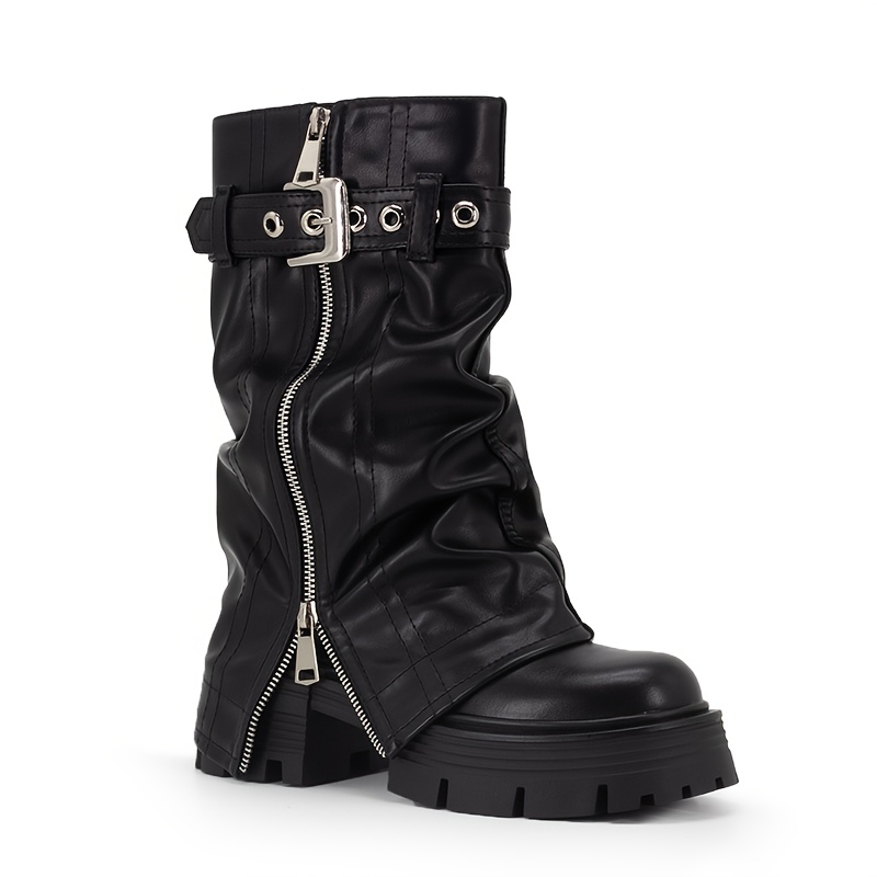 Image of Fashion Women' Mid Calf Boots Black Flat Platform Ankle Boots Round Toe Zipper Chunky Heel Outdoors Short Boots Designer Shoes, Women Shoes
