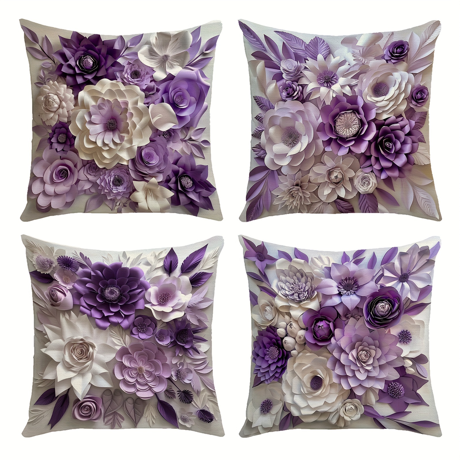 

4-piece Purple Floral Throw Pillow Covers, Modern Style, Outdoor Polyester, 17.7x17.7in, Single-sided Print, Zip Closure - Perfect For Living Room, Bedroom, Sofa, And Car