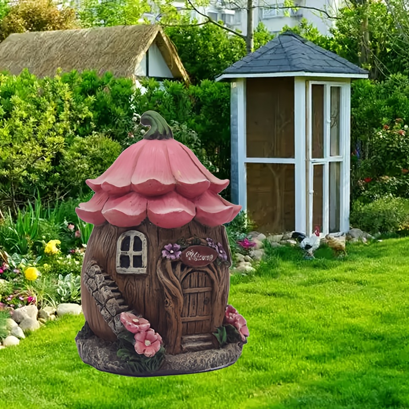 E-shop Bezaubernde Harz-Pilzhaus Gartenstatue, Fantasy-Märchen-Thema mit rosa totem Gras- und Blumen Outdoor-Statue Dekoration, für