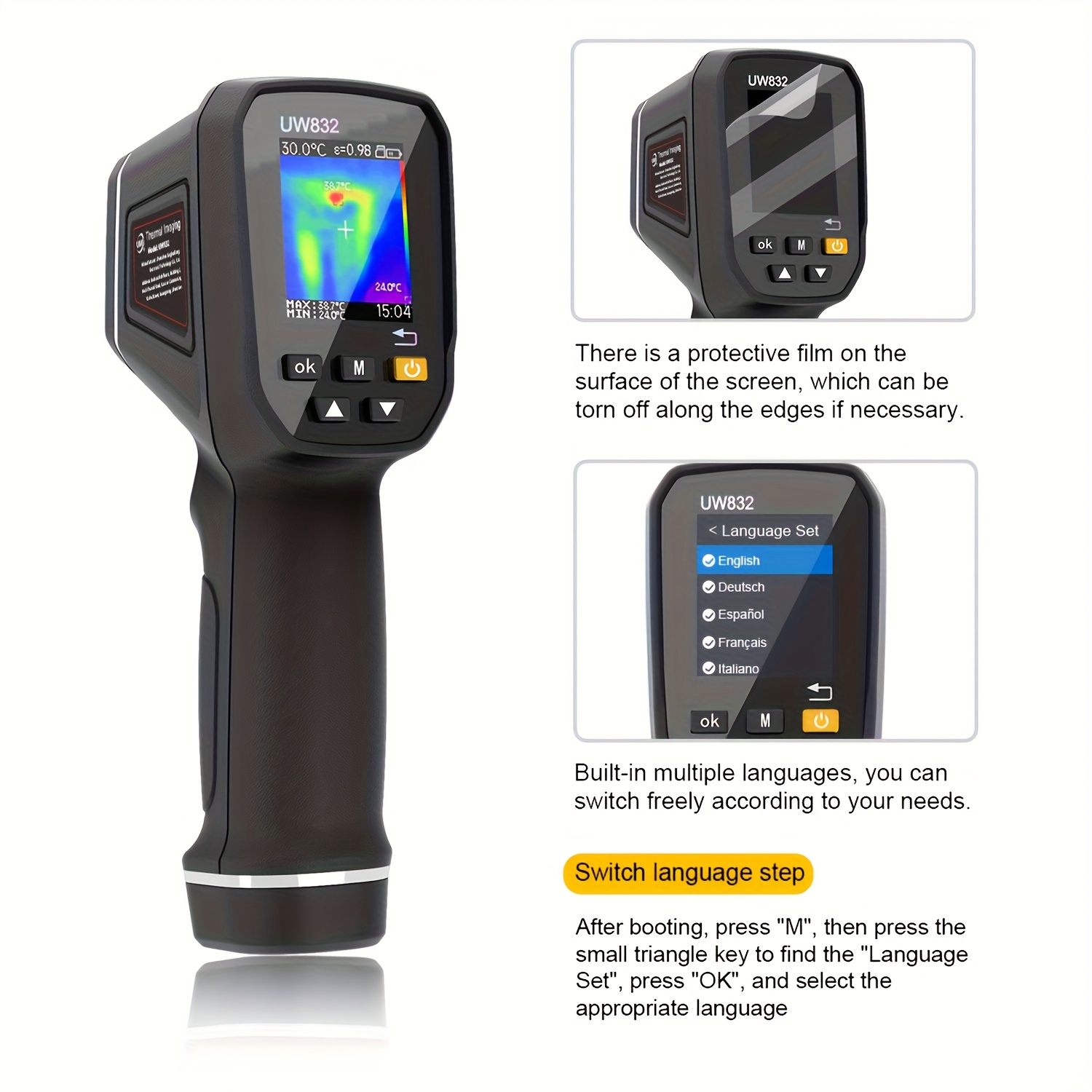 rechargeable infrared thermal imager 32 x 32 ir resolution handheld 30000 pixels thermal imaging camera with colorful display 0 01 1 emissivity adjustable with usb interface and 8gb image storage and 1000mah built in battery Product details 9
