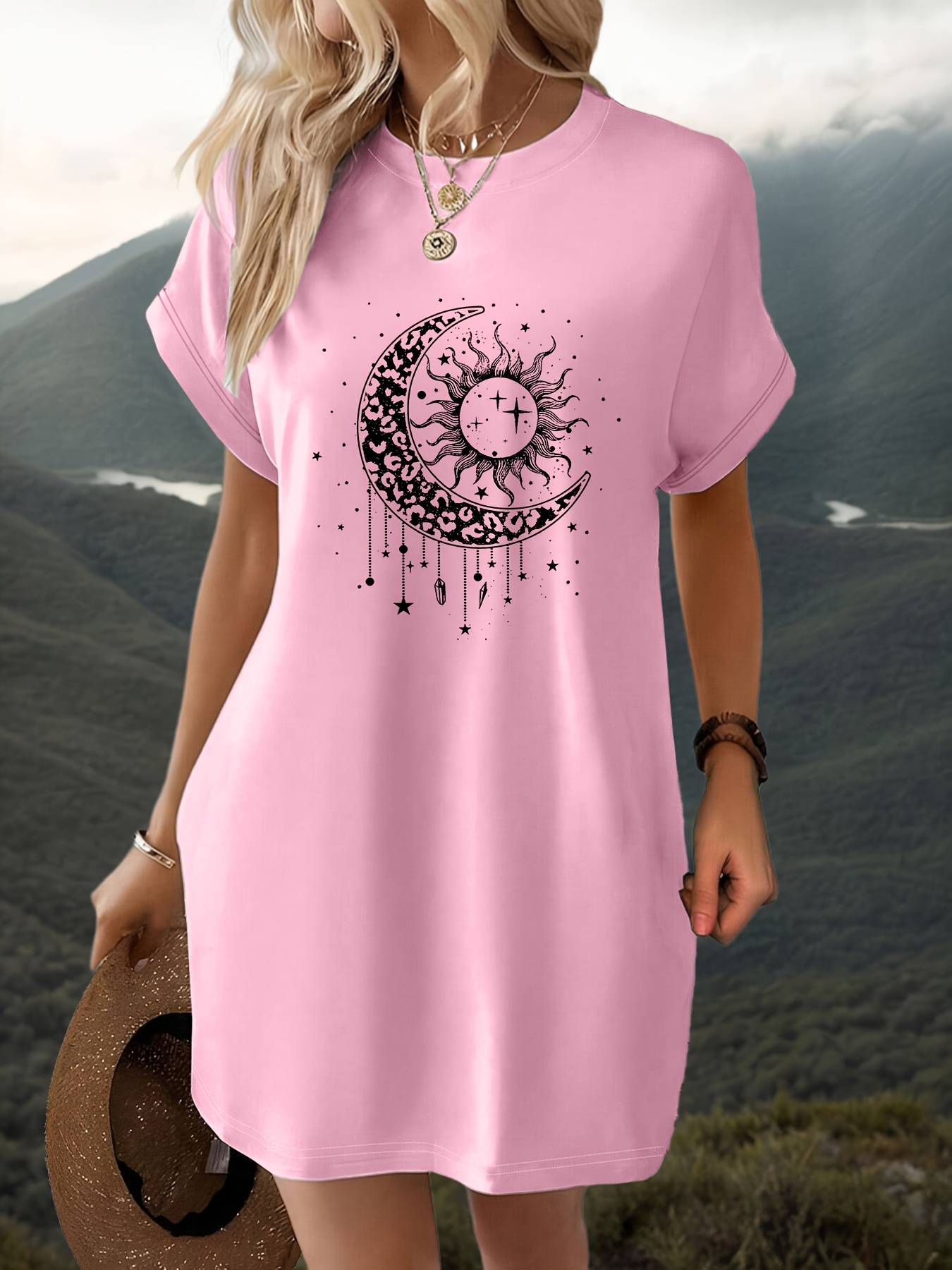 womens bohemian celestial moon sun stars print t shirt dress