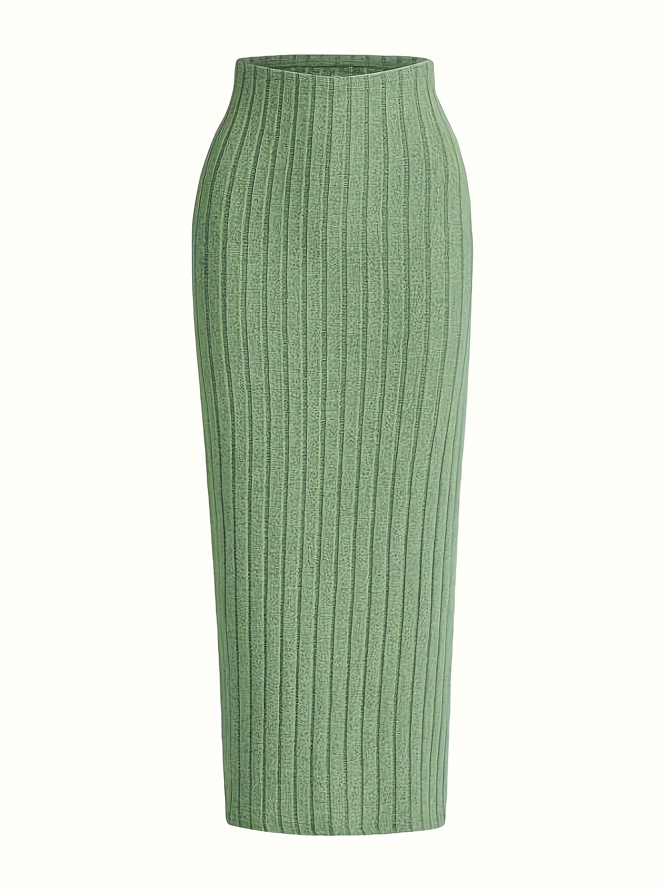 Solid Color Ribbed Bodycon Skirt, Casual High Waist Slim Below Knee Skirt, Women's Clothing