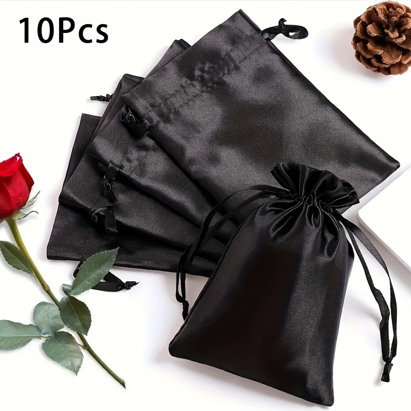 10pcs 5x7&*; Black Satin Drawstring Gift Bags with Glossy Sturdy  Handles Pouches for Weddings, Birthdays, Valentine's Day, Sh