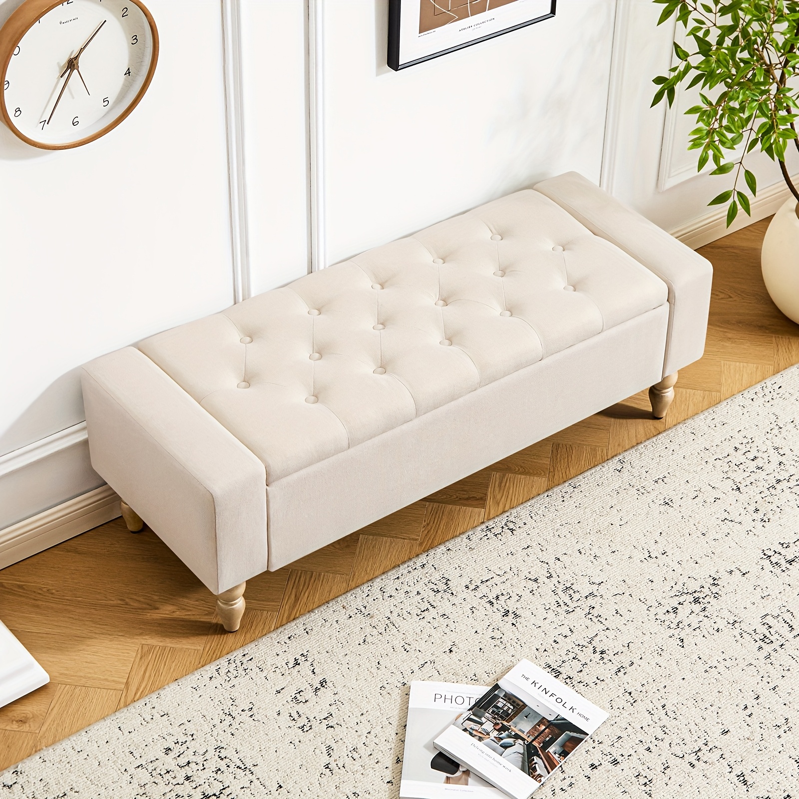FURNILIVING 47-Inch Tufted Linen Storage Bench