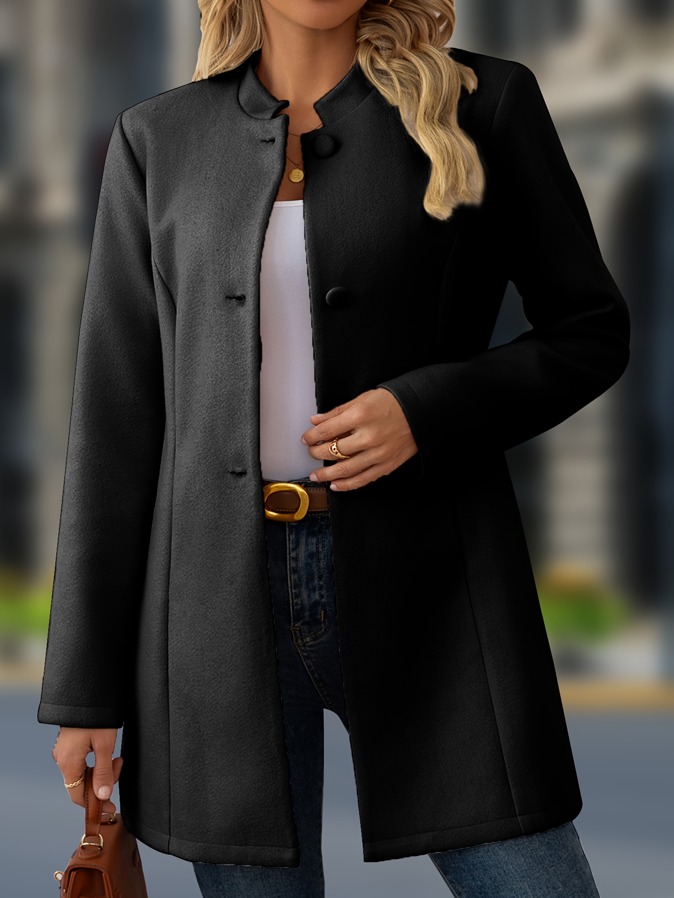 Chaqueta casual para mujer de poliéster, cuello alto, manga larga, abotonada, color sólido, para otoño/invierno - Imagen 10