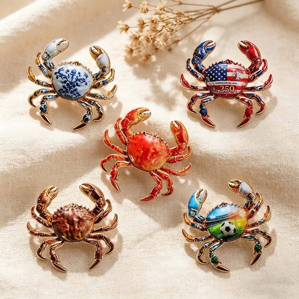 Exquisite Crab Enamel Brooch, Patriotic Football Pin