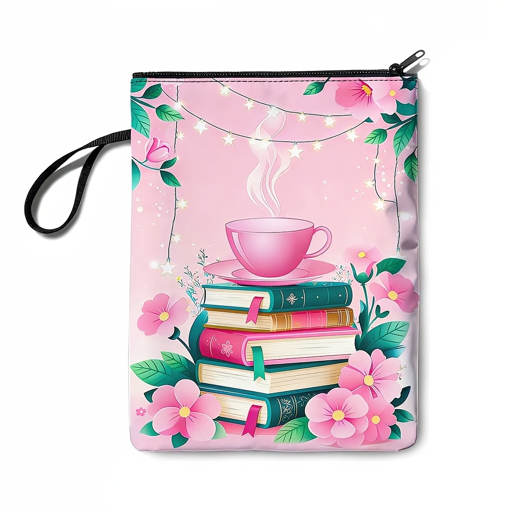 TEMU para libro con estampado floral de rosas y café, cubierta rosa para diario y cuaderno, bolsa de almacenamiento tipo tote